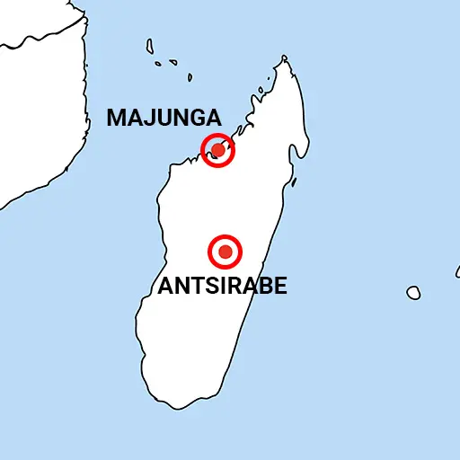 Carte localisant Majunga et Antsirabé à Madagascar